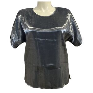 VTG LAURA KIEFFER Top 14 Dark Gray Silver Metallic Soft Fabric Short Sl Blouse